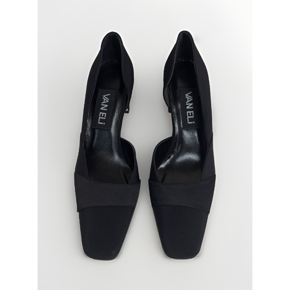Vintage Women's VAN ELI Black Satin Slip On Pumps Square Toe Heels Size 4.5
